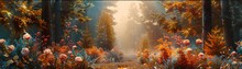 Dreamy Digital Landscape Transports You To An Enchanting Forest, With Vibrant Roses And Bluebells Adding A Pop Of Color To The Serene Autumn Scene.