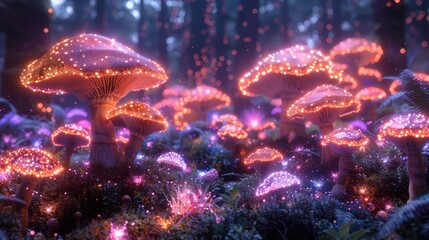 Magical candy forest, glowing mushrooms, rainbow trees