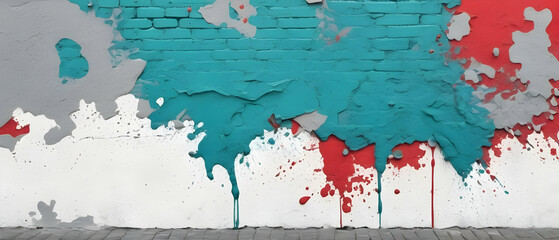 Wall Mural - Colorful urban wall texture with teal, gray, white, red paint stroke. Abstract pattern. Creative urban city background. Grunge messy street style background with copy space