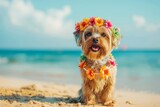 Fototapeta  - Summer background, Dog with hawaiian costume tropical palm and beach background, Generative AI