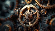 Abstract Dark And Gold Gears Background, Steampunk And Gear Wheels Composition, Generative AI