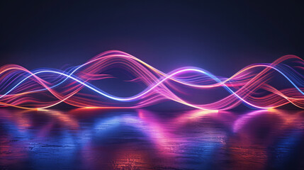 Minimalist neon waves intersecting, forming an abstract frame on a dark background,