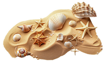 Wall Mural - A beach scene with shells and starfish scattered across the sand, cut out - stock png.
