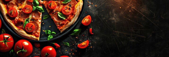 Wall Mural - Mouthwatering Gourmet Pizza with Assorted Toppings on Dark Graphic Wallpaper with Copyspace