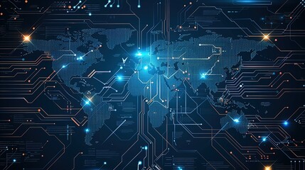 Wall Mural - The illuminated digital map of the world is engraved on a dark printed circuit board. Innovative PC. Generative AI