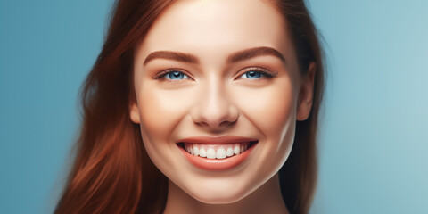 Portrait of Beautiful Smiling Young Woman on Blue Background. Beauty Girl Face with Healthy Clean Skin and Healthy Teeth. Teeth Whitening and Dentist Ttreatment. Beauty, Cosmetology, Spa concept