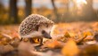 a cute little wild hedgehog walking through golden autumn leaves