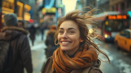 Wall Mural - Happy business woman Amidst the whirlwind of working life Find relaxation amidst the hustle and bustle of the big city. Maybe she was standing on a busy sidewalk with a calm smile.