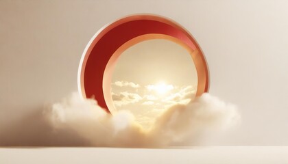 Sticker - 3d rendering abstract geometric background soft realistic clouds fly inside the round red hole on the white wall minimalist modern wallpaper