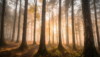 Poster - vibrant golden sunlight illuminating the fog in a forest in autumn with the silhouettes of tree trunks creating a vivid pattern