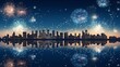 Fireworks over the city skyline of new york in the style of dark skyblue and light beige minimalist background city light glow and reflections in the river