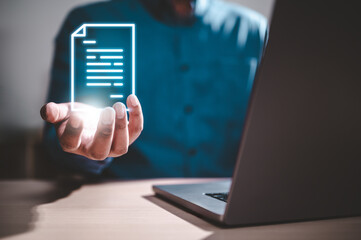 Poster - paperwork, report, data, document, management, marketing, research, innovation, working, system. A man is holding a paper. Concept of working on a project or document on a computer.