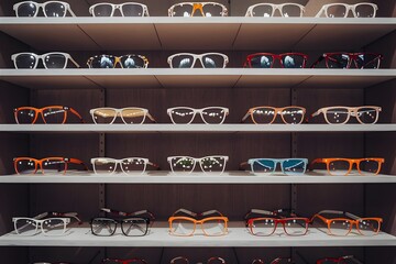 Eyeglasses showcase various designs on store shelf for optical choices