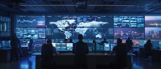 A cybersecurity operations center with focused analysts monitoring data on large screen displays.