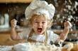 © Creative_Bringer - A young child in a chef hat is excited while baking and making a mess in the kitchen.