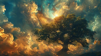 Wall Mural - A surreal landscape where ideas grow on trees, under a sky painted with imagination, impressionistic