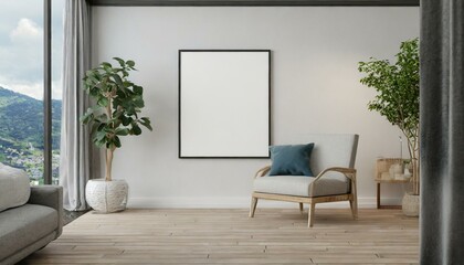 Poster - living room with window frame white background 