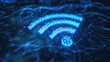 Blue glowing wifi icon on dark background. Technology concept. 3D Rendering