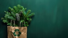 Green Plants In A Brown Paper Bag With A Recycling Symbol On A Dark Green Background In A Flat Lay Top View.