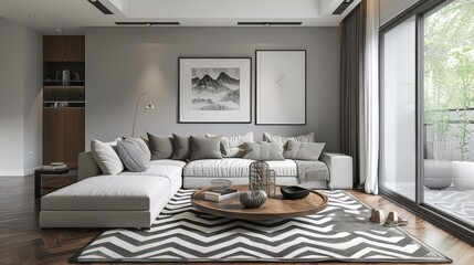 Wall Mural - In a monochrome living room with wood and grey tiling accents, a chic chevron pattern rug serves as a stylish focal point, adding personality and charm to the space