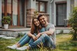 © ant - Young happy couple lying on green grass yard in front of new home.