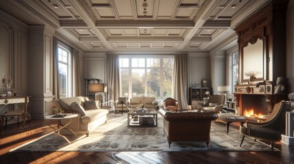 Wall Mural - A captivating living room interior featuring gleaming hardwood floors, an intricately designed coffered ceiling, and a roaring fire in the fireplace of a new luxury home