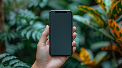 The hand holding the phone has a blank screen
