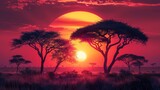 African sunset, silhouette of acacia trees