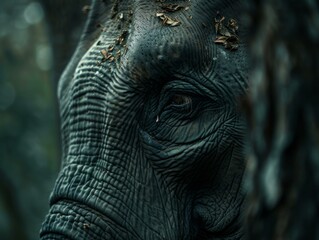 Poster - A close up of an elephant's face with leaves on it. Generative AI.