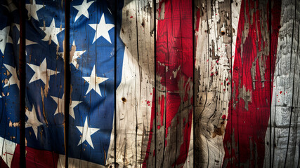 Weathered American flag painted on wooden planks