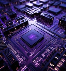 Wall Mural - A close up of a computer processor chip with purple lights. Generative AI.