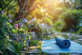 Fototapeta  - A bright blue yoga mat rolled out in a peaceful garden, surrounded by fresh greenery and flowers, the area bathed in the tranquil light of dawn