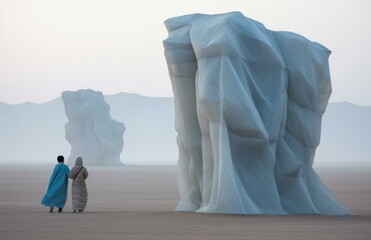 Canvas Print - Two people walking in the desert with large sculptures of ice. Generative AI.