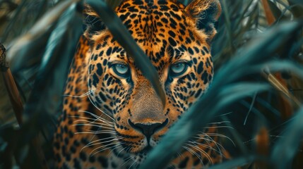 Wall Mural - The intense gaze of a leopard captured in a close-up, its spots a mesmerizing pattern, the epitome of stealth and beauty in the wild, a testament to nature's artistry. HD, 4K