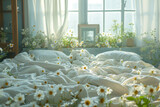 Fototapeta  - Bed Mattress and Pillows Mess up Bedroom in morning sunlight, White bedding sheets and pillow background, Messy bed after good sleep concept, with beautiful sunshine window and flowers on backgrounds.