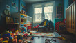 A dirty, unkempt child's playroom, toys scattered and soiled, then tidied, cleaned, and organized, ready for new adventures
