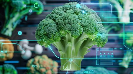 Wall Mural - Broccoli, Contains sulforaphane, a potent compound with anticancer properties, super food conception, futuristic background