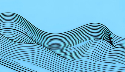 Poster - This artwork features a striking design with bold, radiating lines in various shades of blue, creating a sense of movement and depth. A prominent triangular shape rises from the wavy patterns below, 