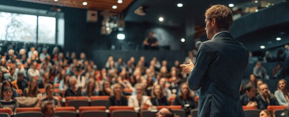 Businessman giving a presentation at a conference in a modern building with people sitting and listening, wide angle shot of the audience from behind the man standing on stage presenting his ideas.