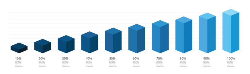 simple blue gradient chart bars template, 10%-100% number text. flat design interface illustration i