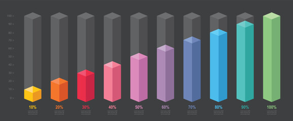 Wall Mural - colorful gradient chart bars template, 10% to 100% number text. flat design business interface illus