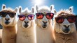 A group of llamas Wearing sunglasses in a row.
