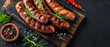 Grilled mixed various German style sausage , Pink Salt ,black pepper on the Dark backgrounds 