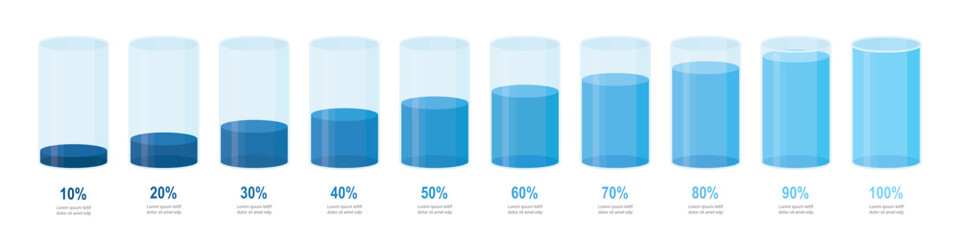 Wall Mural - blue gradient round slim chart bars template, clear 10%-100% infograph layout. graphic flat design i