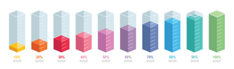 Wall Mural - colorful gradient chart bars template, 10% to 100% number text. flat design business interface illus