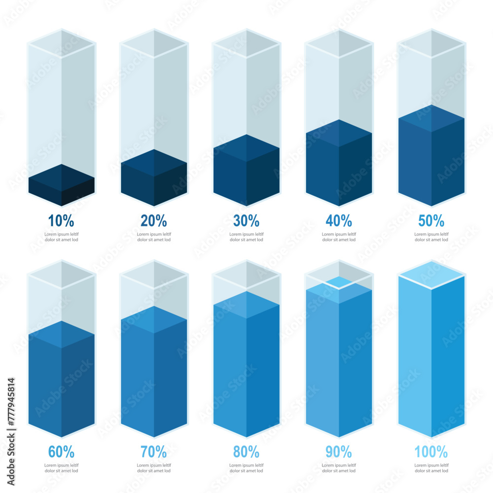 Blue gradient chart bars template, 10% to 100% number text. Flat design ...