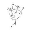 Female Face with Butterfly Continuous One Line Drawing. Butterfly on Woman Face One Line Drawing. Woman Head Minimal Contour Illustration. Vector EPS 10.	