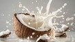 A cracked coconut with milk splashing out, capturing the dynamic movement and freshness of coconut milk on a neutral background.