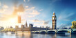 Illustration of the Big Ben clock tower and Houses of Parliament along the River Thames in London
