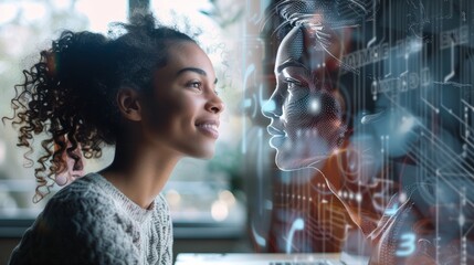 Woman using chat bot in virtaul hologram,virtaul holography,intelligence Ai. Chat with AI Artificial Intelligence